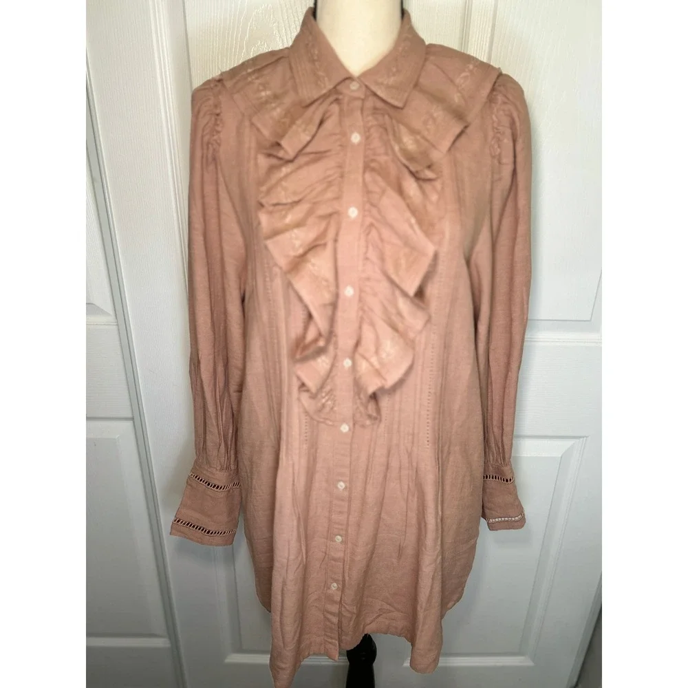 Free People Romi Mini Shirt Dress Small Pink Cashmere Ruffle Lace Boho Tunic NWT